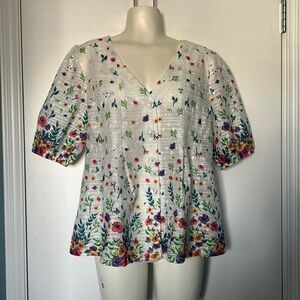 Solitaire Lace Cut Floral Button Up Sheer Blouse